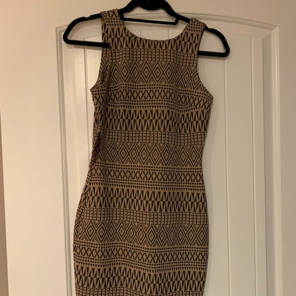 black and tan tribal print cocktail dress